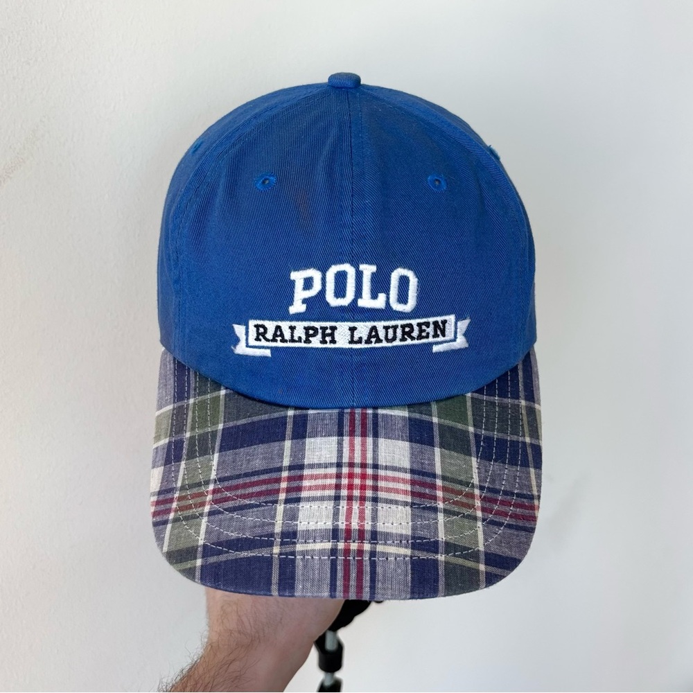 Vintage Polo Sport Plaid Uni Spellout Banner Hat Stadium Madras Leather Strap